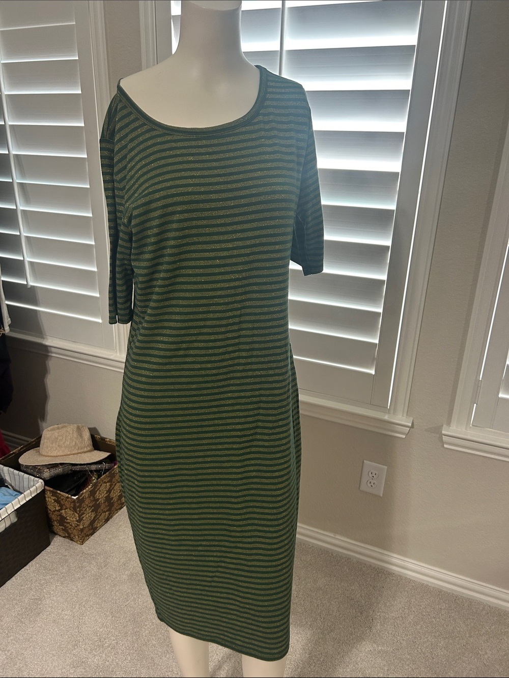 LuLaRoe Olive and Dark Green with gold Striped Midi Dress